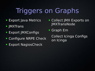 Triggers on GraphsTriggers on Graphs
● Export Java MetricsExport Java Metrics
● JMXTransJMXTrans
● Export JMXConfgsExport JMXConfgs
● Confgure NRPE CheckConfgure NRPE Check
● Export NagiosCheckExport NagiosCheck
● Collect JMX Exports onCollect JMX Exports on
JMXTransNodeJMXTransNode
● Graph EmGraph Em
Collect Icinga ConfgsCollect Icinga Confgs
on Icingaon Icinga
 