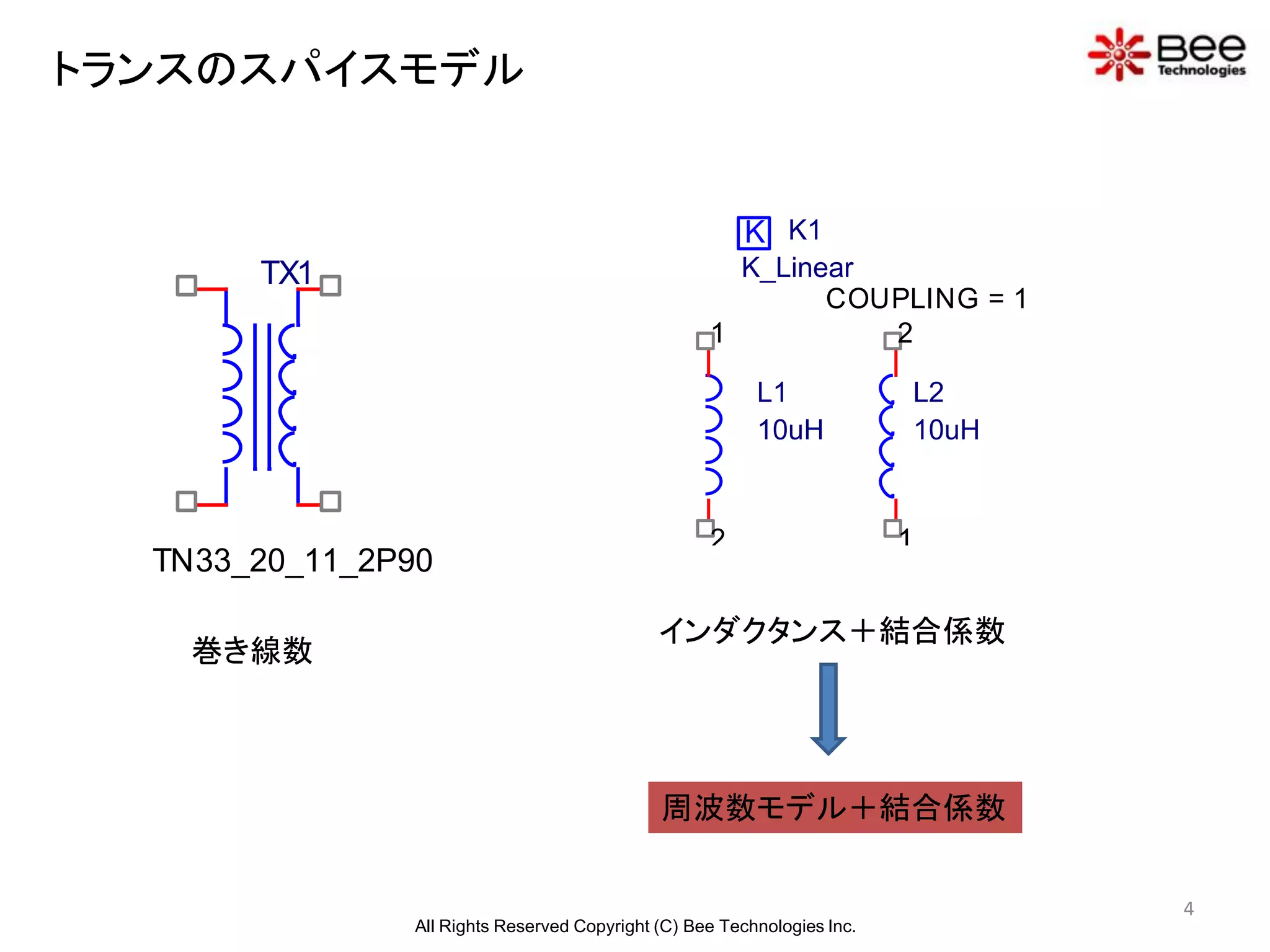 トランスのスパイスモデル


                                                         K K1
       TX1                                            K_Linear
                                                            COUPLING = 1
                                                    1          2

                                                          L1              L2
                                                          10uH            10uH


                                                    2                     1
  TN33_20_11_2P90

                                              インダクタンス＋結合係数
    巻き線数



                                              周波数モデル＋結合係数


                                                                                 4
                All Rights Reserved Copyright (C) Bee Technologies Inc.
 