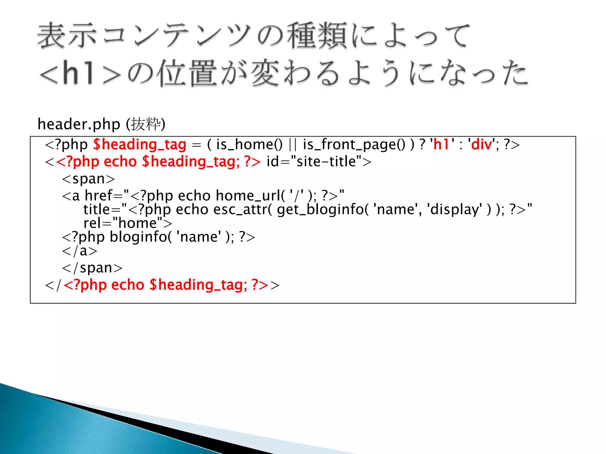 loop.php の中身旧Defaultテーマの index.php のループ部分がごっそり切り出された感じsingle.php や page.php 等の単一ページは考慮されていない感じで、index.php, category.php 等アーカイブページ向けのコードが書かれている切り出された結果、index.php, category.phpが軽量化された