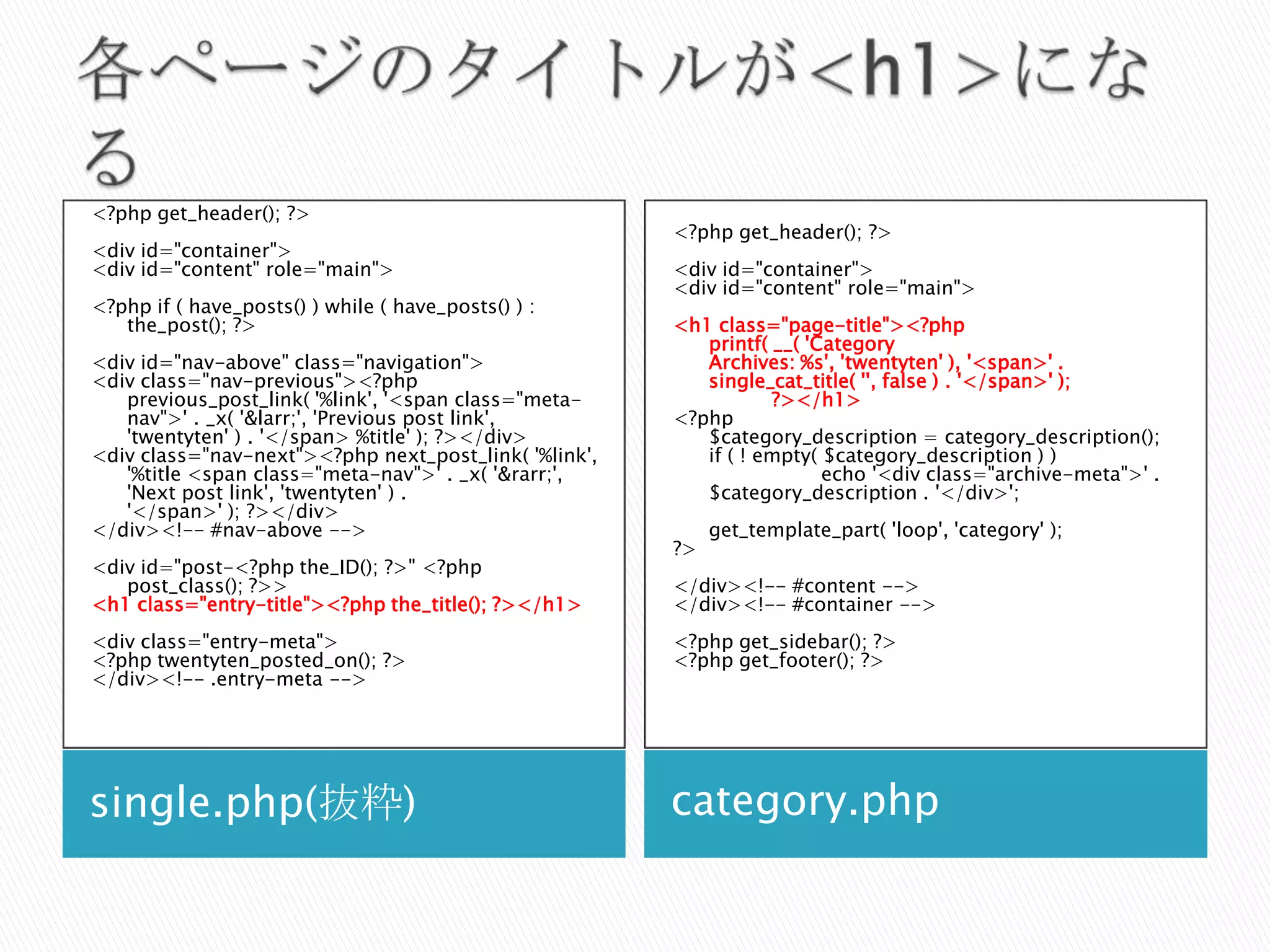 index.php や category.phpはどうなった？index.phpcategory.php<?php get_header(); ?><div id="container"><div id="content" role="main"><?phpget_template_part( 'loop', 'index' );?></div><!-- #content --></div><!-- #container --><?php get_sidebar(); ?><?php get_footer(); ?><?php get_header(); ?><div id="container"><div id="content" role="main"><h1 class="page-title"><?phpprintf( __( 'Category Archives: %s', 'twentyten' ), '<span>' . single_cat_title( '', false ) . '</span>' );                ?></h1><?php	$category_description = category_description();	if ( ! empty( $category_description ) )                        echo '<div class="archive-meta">' . $category_description . '</div>';get_template_part( 'loop', 'category' );?></div><!-- #content --></div><!-- #container --><?php get_sidebar(); ?><?php get_footer(); ?>