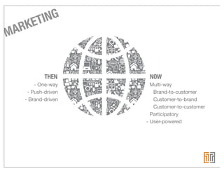ETING
MARK


           THEN      NOW
       - One-way    - Multi-way
    - Push-driven      Brand-to-customer
   - Brand-driven      Customer-to-brand
                       Customer-to-customer
                    - Participatory
                    - User-powered
 