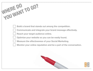 DO
    RE T TO GO?
W HE
      AN
 YOUW
     Build a brand that stands out among the competition.
     Communicate and integrate your brand message effectively.
     Reach your target audience online.
     Optimize your website so you can be easily found.
     Measure the effectiveness of your Social Marketing.
     Monitor your online reputation and be a part of the conversation.
 