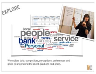 LORE
EXP




 We explore data, competitors, perceptions, preferences and
 goals to understand the client, products and goals.
 