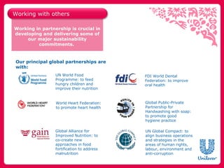 Working with others

Working in partnership is crucial in
developing and delivering some of
     our major sustainability
         commitments.



 Our principal global partnerships are
 with:
                 UN World Food              FDI World Dental
                 Programme: to feed         Federation: to improve
                 hungry children and        oral health
                 improve their nutrition


                 World Heart Federation:    Global Public-Private
                 to promote heart health    Partnership for
                                            Handwashing with soap:
                                            to promote good
                                            hygiene practice

                 Global Alliance for        UN Global Compact: to
                 Improved Nutrition: to     align business operations
                 co-create new              and strategies in the
                 approaches in food         areas of human rights,
                 fortification to address   labour, environment and
                 malnutrition               anti-corruption
 