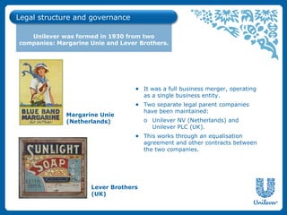 Legal structure and governance

   Unilever was formed in 1930 from two
companies: Margarine Unie and Lever Brothers.




                                  ● It was a full business merger, operating
                                    as a single business entity.
                                  ● Two separate legal parent companies
                                    have been maintained:
              Margarine Unie
              (Netherlands)           o Unilever NV (Netherlands) and
                                        Unilever PLC (UK).
                                  ● This works through an equalisation
                                    agreement and other contracts between
                                    the two companies.




                     Lever Brothers
                     (UK)
 