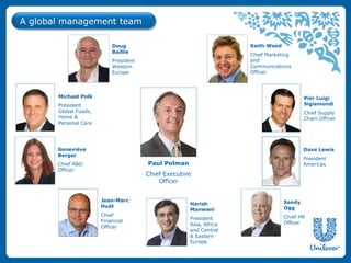 A global management team

                           Doug                                     Keith Weed
                           Baillie
                                                                    Chief Marketing
                           President                                and
                           Western                                  Communications
                           Europe                                   Officer




       Michael Polk                                                                      Pier Luigi
       President                                                                         Sigismondi
       Global Foods,                                                                     Chief Supply
       Home &                                                                            Chain Officer
       Personal Care




       Geneviève                                                                         Dave Lewis
       Berger
                                                                                         President
       Chief R&D                       Paul Polman                                       Americas
       Officer
                                       Chief Executive
                                           Officer


                       Jean-Marc                                                 Sandy
                                                     Harish
                       Huët                                                      Ogg
                                                     Manwani
                       Chief                                                     Chief HR
                                                     President
                       Financial                                                 Officer
                                                     Asia, Africa
                       Officer
                                                     and Central
                                                     & Eastern
                                                     Europe
 