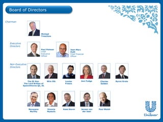 Board of Directors

Chairman




                                Michael
                                Treschow



   Executive
   Directors
                                Paul Polman           Jean-Marc
                                Chief                 Huët
                                Executive             Chief Financial
                                Officer               Officer



   Non-Executive
   Directors




                   The Rt Hon         Wim Dik    Louise           Ann Fudge     Charles     Byron Grote
                The Lord Brittan of              Fresco                         Golden
               Spennithorne QC, DL




                    Narayana          Hixonia   Kees Storm        Jeroen van   Paul Walsh
                     Murthy           Nyasulu                      der Veer
 