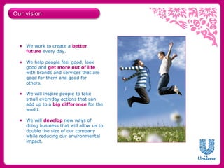 Our vision




  ● We work to create a better
    future every day.

  ● We help people feel good, look
    good and get more out of life
    with brands and services that are
    good for them and good for
    others.

  ● We will inspire people to take
    small everyday actions that can
    add up to a big difference for the
    world.

  ● We will develop new ways of
    doing business that will allow us to
    double the size of our company
    while reducing our environmental
    impact.
 