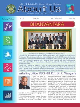 Issue : 01Vol. : 33 10-07-2013
Club No. 15742, RI Dist. 3180
gÉÆÃlj ªÉÄÊ¸ÀÆgÀÄ «ÄqïmË£ï Rotary Mysore Midtown
About UsAbout Us
Rotary Vision Date : Pages : 06
Peace & conflict prevention/resolution
Disease prevention and treatment
Water and sanitation
Maternal and child health
Basic education and literacy
Economic & community development
BHANVANTARA
Installing officer PDG PHF Rtn. Dr. P. Narayana
About 16 years back Midtowners were either toddlers or not yet born!!)
Rtn.P.Narayana had visited and has had a successful stint with Rotary
Rotary Midtown during movement since. He took up all the posts at club
whenheinductedanewface level before becoming the President of the club
to Midtown, as the saying during 1980-81, as a President, he initiated a
goes “History repeats itself”, residential school for mentally retarded children
today he is back to Midtown “Ashakirana” which has helped in rehabilitating
to install the same person more than 800 children. He then became the
Rtn.Bhanuchandran as the DistrictGovernorofRI.Dist.3180during1996-97.He
PresidentofMidtownforthe wasinstrumentalingettingtheclubsfromDist.3180
year 2013-14. Here we present a glimpse of the to participate in Matching grants. In a major grants
accomplishedRotarian. program he was able to get grants for school
Rtn.Dr.P.Narayana heads popular Sharavati furniture to more than 150 schools at a whopping
Nursing home in Shimoga. He joined Rotary cost of $120,0000. Dr.Narayana then became the
movement in the year 1973 (many young District Rotary Foundation Chairman from 2001-
Board members of Rotary Mysore Midtown for the year 2013-14
Standing (L-R) : Affable & adaptable Rtn. P. Sanjay – Director, . Visionary & resourceful Rtn.
N. Narendra – Director, Vocational Service. Diligent & Diplomatic Rtn. Dr. S. M. Ravindranath - Director,
International Service. Ingenious & intuitive Rtn. D. Srinivasan – Joint Secretary. Yours truly Rtn. Rakesh
Babu K. L. – Editor. Frank & friendly Rtn. T. N. Mohan Kumar - Director, Club Service. Enthusiastic &
modest Rtn. Elizar Milton - Sergeant-at-arms. Candid & persistent Rtn. A. N. Aiyanna - Director,
CommunityService.
Sitting (L-R) : Charmer & exuberant Rtn. K. B. Harish – Vice President. Practical & pioneering
Rtn. Dr. K. A. Prahlad - Hon. Secretary. Original “Sakalakalavallabhan” Rtn. S. Bhanuchandran - President.
Vivid & versatile Rtn. R. Vishwanath - Immediate Past President. Unassuming & magnanimous Rtn. R.
Venkatesh-PresidentElect.Cheerful&enthusiasticRtn.K.Umesh–Hon.Treasurer.
Youth Service
 