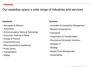 Our expertise spans a wide range of industries and services


Industries                             Services

• Aerospace & Defense                  • Innovation & Complexity Management
• Automotive                           • Mergers & Acquisitions
• Communications, Media & Technology   • Operations
• Consumer Products & Retail
                                       • Organization & Transformation
• Energy & Process
                                       • Procurement & Analytic Solutions
• Financial Services
                                       • Strategic IT
• Pharmaceuticals & Healthcare
                                       • Strategy
• Public Sector
• Transportation                       • Supply Chain Management
• Utilities                            • Sustainability




                                                             A.T. Kearney Library2012_About us   2
 