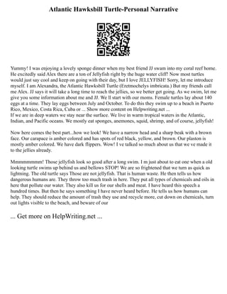 Atlantic Hawksbill Turtle-Personal Narrative
Yummy! I was enjoying a lovely sponge dinner when my best friend JJ swam into my coral reef home.
He excitedly said Alex there are a ton of Jellyfish right by the huge water cliff! Now most turtles
would just say cool and keep on going with their day, but I love JELLYFISH! Sorry, let me introduce
myself. I am Alexandra, the Atlantic Hawksbill Turtle (Eretmochelys imbricata.) But my friends call
me Alex. JJ says it will take a long time to reach the jellies, so we better get going. As we swim, let me
give you some information about me and JJ. We ll start with our moms. Female turtles lay about 140
eggs at a time. They lay eggs between July and October. To do this they swim up to a beach in Puerto
Rico, Mexico, Costa Rica, Cuba or ... Show more content on Helpwriting.net ...
If we are in deep waters we stay near the surface. We live in warm tropical waters in the Atlantic,
Indian, and Pacific oceans. We mostly eat sponges, anemones, squid, shrimp, and of course, jellyfish!
Now here comes the best part...how we look! We have a narrow head and a sharp beak with a brown
face. Our carapace is amber colored and has spots of red black, yellow, and brown. Our plaston is
mostly amber colored. We have dark flippers. Wow! I ve talked so much about us that we ve made it
to the jellies already.
Mmmmmmmm! Those jellyfish look so good after a long swim. I m just about to eat one when a old
looking turtle swims up behind us and bellows STOP! We are so frightened that we turn as quick as
lightning. The old turtle says Those are not jellyfish. That is human waste. He then tells us how
dangerous humans are. They throw too much trash in here. They put all types of chemicals and oils in
here that pollute our water. They also kill us for our shells and meat. I have heard this speech a
hundred times. But then he says something I have never heard before. He tells us how humans can
help. They should reduce the amount of trash they use and recycle more, cut down on chemicals, turn
out lights visible to the beach, and beware of our
... Get more on HelpWriting.net ...
 