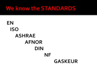 EN
 ISO
   ASHRAE
      AFNOR
         DIN
               NF
                    GASKEUR
 