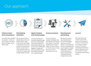Our approach 
Initial contact 
and consultation 
You have an idea, a problem or a question - contact us! Call us, drop us an email or find us on Skype - we are there to help. 
Developing 
estimates 
We normally start with a ballpark figure, which can be given within a day’s time and at an early stage in the process. If you have an RFP or functional specification, we will work in close interaction with you to review the materials and provide detailed estimate. 
Agree timeline and methodology 
Lemberg’s development processes comply with Agile and Scrum methodologies. Due to long-standing collaboration with agencies, we are not new to meeting tight deadlines. Our approach allows us to deliver cost and time-efficient solutions on time, scope and budget. 
Communication 
A team of a project 
manager, developers and QA engineers is formed for each project. They will be available within a day on Skype, by email or phone for instant contact, to help you stay on top of 
development process. 
Development 
and testing 
We takes care of each step of development: from technical analysis, planning, to product delivery. Our development process is transparent and easy to adapt to changing requirements. Testing is conducted during all 
stages of development: 
on real devices and in 
multiple environments. 
Launch 
We always take steps to make sure that the project is fully prepared for launch. Our team will be on hand to answer a variety of questions (choosing an ideal launch date or developer license etc). We offer a 30-day functionality warranty after delivery.  