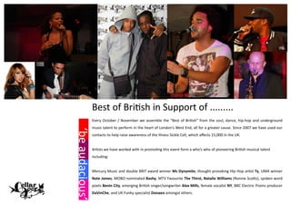 Best of British in Support of .........
                 Every October / November we assemble the “Best of British” from the soul, dance, hip-hop and underground
                 music talent to perform in the heart of London’s West End, all for a greater cause. Since 2007 we have used our
‘be audacious’
‘be audacious’



                 contacts to help raise awareness of the illness Sickle Cell, which affects 15,000 in the UK.


                 Artists we have worked with in promoting this event form a who’s who of pioneering British musical talent
                 including:


                 Mercury Music and double BRIT award winner Ms Dynamite, thought provoking Hip Hop artist Ty, UMA winner
                 Nate James, MOBO nominated Bashy, MTV Favourite The Thirst, Natalie Williams (Ronnie Scotts), spoken word
                 poets Benin City, emerging British singer/songwriter Alex Mills, female vocalist NY, BBC Electric Proms producer
                 DaVinChe, and UK Funky specialist Donaeo amongst others.
 
