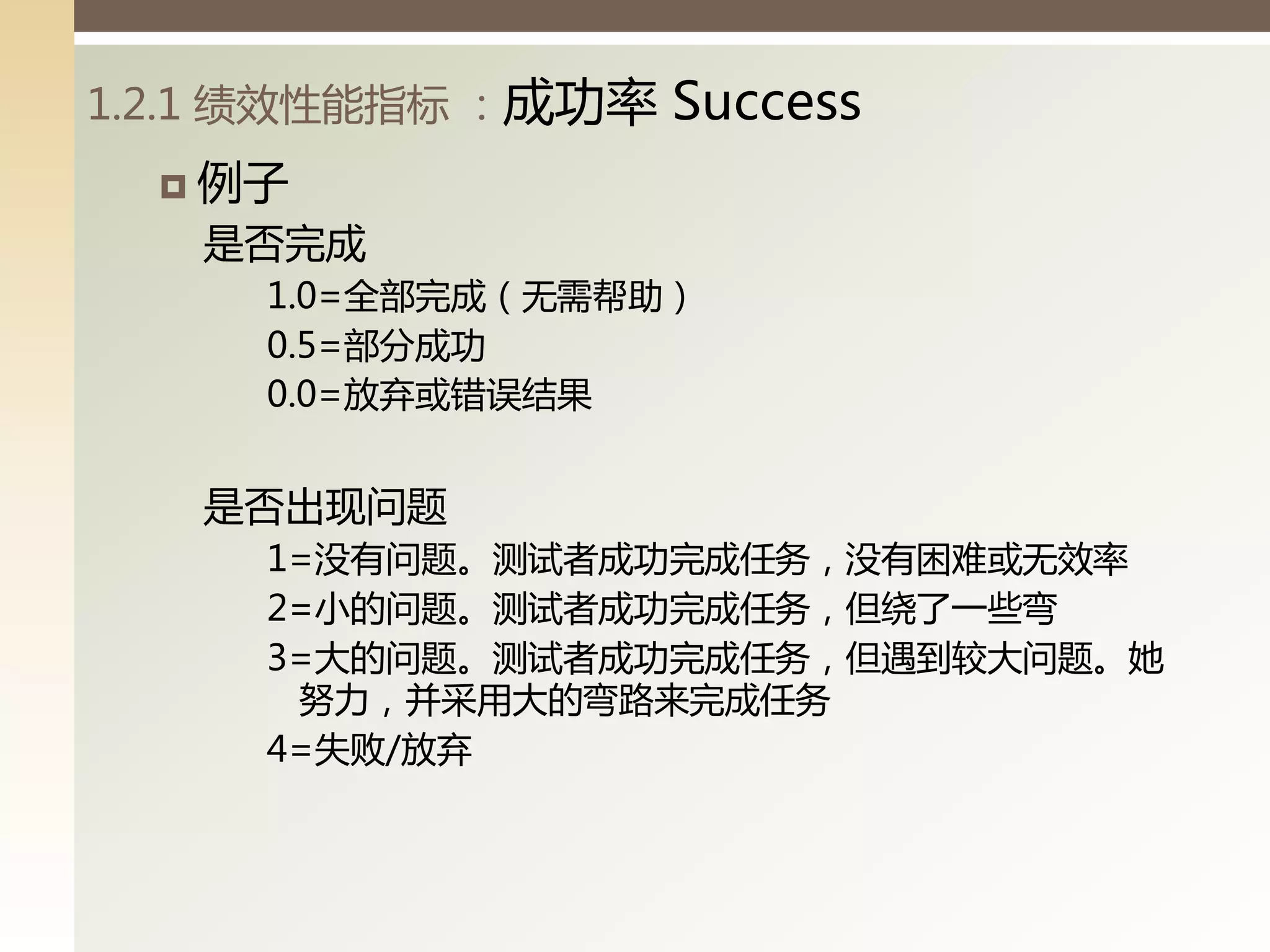 1.2.1 绩效性能指标 ：成功率   Success
   例子
   是否完成
     1.0=全部完成（无需帮助）
     0.5=部分成功
     0.0=放弃戒错误结果


   是否出现问题
     1=没有问题。测试者成功完成任务，没有困难戒无效率
     2=小的问题。测试者成功完成任务，但绕了一些弯
     3=大的问题。测试者成功完成任务，但遇到较大问题。她
      努力，并采用大的弯路来完成任务
     4=失败/放弃
 