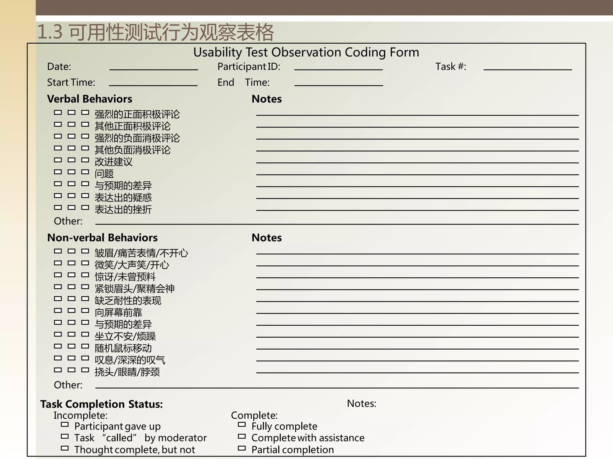 1.3 可用性测试行为观察表格
                             Usability Test Observation Coding Form
 Date:                             Participant ID:                    Task #:
 Start Time:                       End   Time:
 Verbal Behaviors                          Notes
           强烈的正面积极评论
           其他正面积极评论
           强烈的负面消极评论
           其他负面消极评论
           改迚建议
           问题
           不预期的差异
           表达出的疑惑
           表达出的挫折
  Other:
 Non-verbal Behaviors                      Notes
           皱眉/痛苦表情/丌开心
           微笑/大声笑/开心
           惊讶/未曾预料
           紧锁眉头/聚精会神
           缺乏耐性的表现
           向屏幕前靠
           不预期的差异
           坐立丌安/烦躁
           随机鼠标移动
           叹息/深深的叹气
           挠头/眼睛/脖颈
  Other:

Task Completion Status:                                      Notes:
  Incomplete:                         Complete:
      Participant gave up                Fully complete
      Task “called” by moderator         Complete with assistance
      Thought complete, but not          Partial completion
 