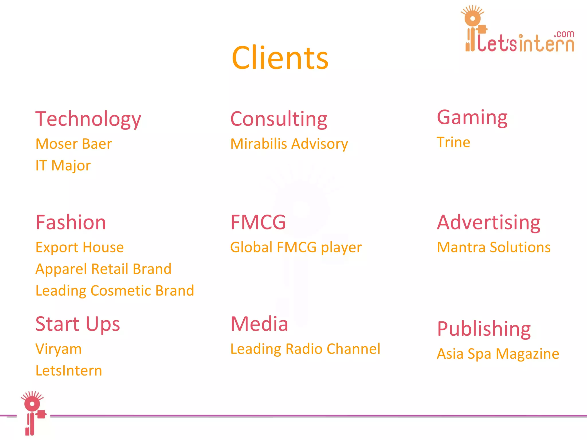 Clients Technology Moser Baer IT Major Fashion Export House  Apparel Retail Brand Leading Cosmetic Brand Start Ups Viryam  LetsIntern Consulting Mirabilis Advisory FMCG  Global FMCG player Media Leading Radio Channel Gaming Trine Advertising Mantra Solutions Publishing Asia Spa Magazine 