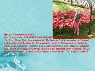 HELLO ! M y name  is Sezin  I’m  11 years old . I ’ VE GOT LONG AND BROWN HAIR, I ’ VE GOT BROWN EYES.  I ’ m from Ordu. But I live in Istanbul.  My favorite f ruit is strawberry .I have n ’ t  got a sis t er  and brother    . My  mother ’ s name is  Fatma and  my father ’ s name is Selçuk.I like  read the  book  and swimming  and  playing volleyball and  listen to  music. My school name is Sair  Mehmet Emin Yurdakul İ.Ö.O . My favorite anIMALS ARE DOGS AND MY FAVORITE TOY IS TEDDY BEAR . 