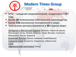 odern Times Group
? MTG C ӧ֧էܧѧ ާ֧էڧѧܧާѧߧڧ, ٧էѧߧߧѧ  1987
ԧէ.
? ݧ֧ 50 ֧ݧ֧ܧѧߧѧݧ ҧӧ֧ߧߧԧ ڧ٧ӧէӧ.
? ݧ֧ 150 ާڧݧݧڧߧ ֧ݧ֧٧ڧ֧ݧ֧  ާڧ.
? ֧ݧ֧ܧѧߧѧݧ ѧѧߧ  30 ѧߧѧ ާڧ:
ѧѧէߧѧ  ߧѧ ӧ (ӧ֧ڧ, ӧ֧ԧڧ, ѧߧڧ,
ڧߧݧߧէڧ, ڧӧ, ѧӧڧ, ߧڧ, ֧ڧ, ֧ߧԧڧ, ݧӧ֧ߧڧ,
ѧܧ֧էߧڧ, ڧ, ܧѧڧߧ)
ݧڧاߧڧ  (٧ڧ, ާ֧ߧڧ, ٧֧ҧѧۧէاѧ)
֧էߧ ٧ڧ (ѧ٧ѧѧ, ڧԧڧ٧ѧ, ٧ҧ֧ܧڧѧ)

ڧܧѧߧܧڧ ܧߧڧߧ֧ߧ (ѧߧ)
 