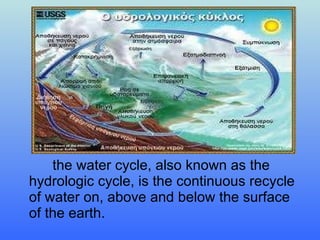 the water cycle, also known as the hydrologic cycle, is the continuous   recycle of water on, above and below the surface of the earth. 