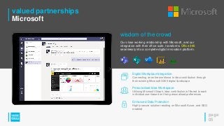 valued partnerships
Microsoft
page
05
wisdom of the crowd
Our close working relationship with Microsoft, and our
integration with their office suite, transforms Office 365
seamlessly into a complete digital innovation platform.
Digital Workplace Integration
Connecting an entire workforce to idea contribution through
their existing Microsoft O365 digital landscape
Personalised Idea Workspace
Utilising Microsoft Graph, idea contribution is filtered to each
individual user based on their personalised preferences
Enhanced Data Protection
Highly secure solution residing on Microsoft Azure, and SSO
enabled
 