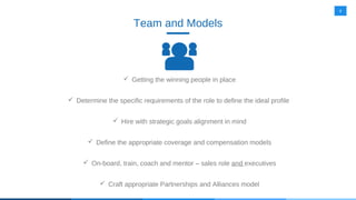 9
Team and Models
 Getting the winning people in place
 Determine the specific requirements of the role to define the ideal profile
 Hire with strategic goals alignment in mind
 Define the appropriate coverage and compensation models
 On-board, train, coach and mentor – sales role and executives
 Craft appropriate Partnerships and Alliances model
 