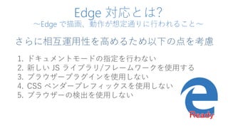 Edge 対応とは?
～Edge で描画、動作が想定通りに行われること～
さらに相互運用性を高めるため以下の点を考慮
1. ドキュメントモードの指定を行わない
2. 新しい JS ライブラリ/フレームワークを使用する
3. ブラウザープラグインを使用しない
4. CSS ベンダープレフィックスを使用しない
5. ブラウザーの検出を使用しない
 