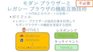 モダン ブラウザーと
レガシー ブラウザの機能互換技術
～ HTML5 のサポートの有無～
• ポリフィル
• レガシー ブラウザーの独自仕様を利用して
モダンブラウザーの機能を実装する技術
Modernizr
html5shiv
⇩
HTML5★BOILERPLATE
HTML5
Respond.js
Hands.js
不必要
 