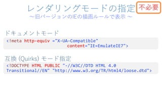 レンダリングモードの指定
～旧バージョンのIEの描画ルールで表示 ～
<!DOCTYPE HTML PUBLIC "-//W3C//DTD HTML 4.0
Transitional//EN" "http://www.w3.org/TR/html4/loose.dtd">
<!meta http-equiv ="X-UA-Compatible"
content="IE=EmulateIE7">
ドキュメントモード
互換 (Quirks) モード指定
不必要
 