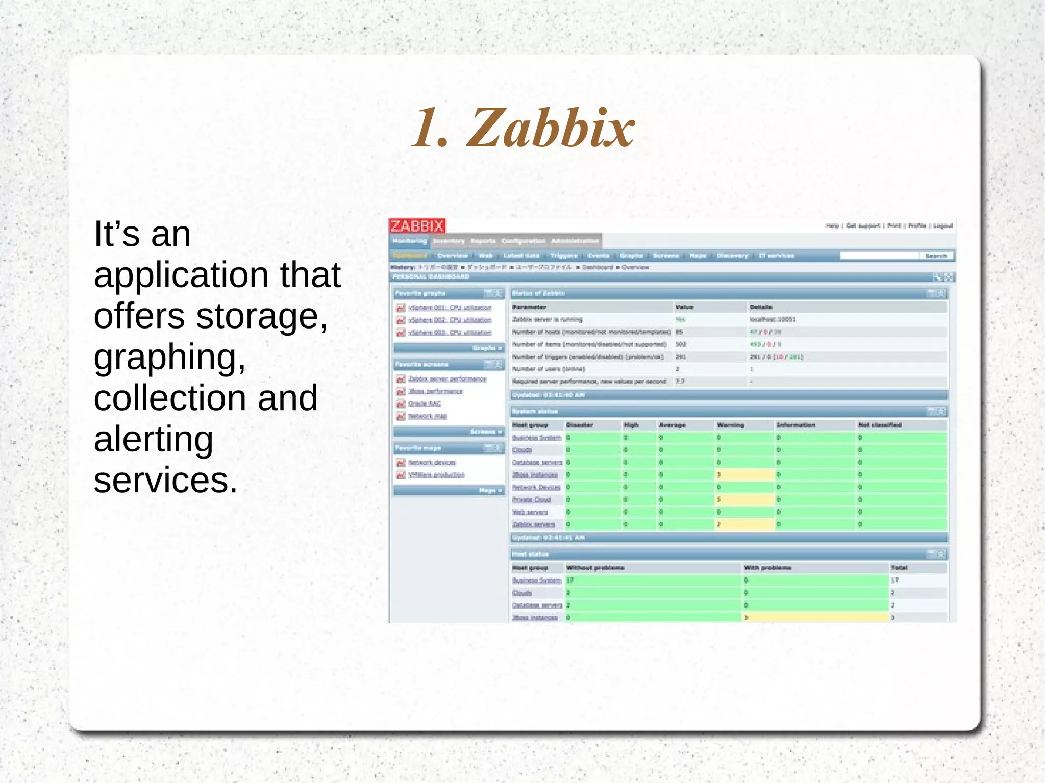 1. Zabbix
It’s an
application that
offers storage,
graphing,
collection and
alerting
services.
 