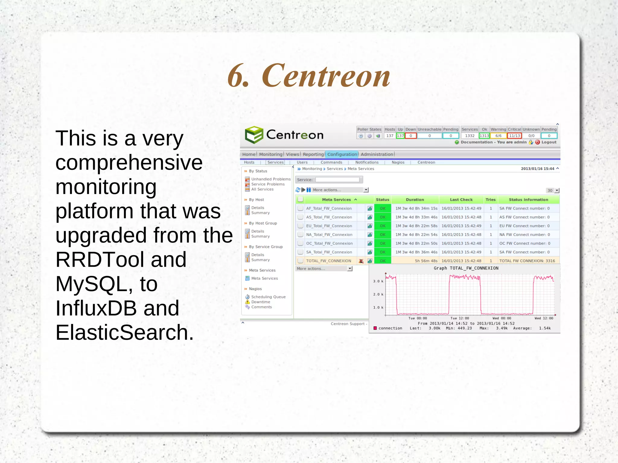 6. Centreon
This is a very
comprehensive
monitoring
platform that was
upgraded from the
RRDTool and
MySQL, to
InfluxDB and
ElasticSearch.
 