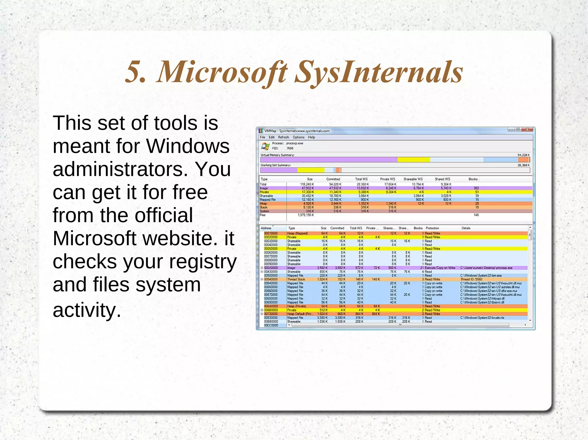 5. Microsoft SysInternals
This set of tools is
meant for Windows
administrators. You
can get it for free
from the official
Microsoft website. it
checks your registry
and files system
activity.
 