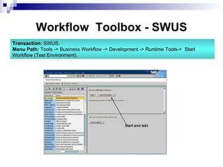 |  Workflow  Toolbox - SWUS Transaction:  SWUS. Menu Path:  Tools -> Business Workflow -> Development -> Runtime Tools->  Start Workflow (Test Environment). 