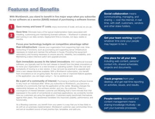 Features and Beneﬁts
With Workbench, you stand to beneﬁt in ﬁve major ways when you subscribe
to our software as a service (SAAS) instead of purchasing a software license:

1

Save money and lower IT costs; enjoy economies of scale; and pay as you go.

Social collaboration means
communicating, managing, and
sharing — over the internet, in real
time, with staff, customers, vendors
and other stake holders.

Save time: Eliminate many of the typical implementation tasks associated with

2

installing, customizing and maintaining licensed software -- Workbench is already up
and running in our data centers. Deployment time is minutes, not days, weeks or
months.

Focus your technology budgets on competitive advantage rather
than infrastructure. Liberate your organization from supporting high-cost, time-

3

consuming IT functions, such as purchasing and supporting server infrastructure
necessary to install and maintain the software in-house; Providing the equipment
redundancy and housing necessary to ensure security, reliability, and scalability, and;
Maintaining a labor-intensive patch and upgrade process.

Gain immediate access to the latest innovations. With traditional licensed

4

software, you typically wait for the next release to beneﬁt from the latest innovations or
to move your organization to a new browser or operating system. Given the cost and
complexity of moving to a new version, it may not even be practical to upgrade each
time a new release becomes available. With a Workbench subscription, you beneﬁt
from innovations on an on-going basis. As soon as a new or improved feature appears
in the application, you can begin using it -- for no additional cost.

Be a part of a community of interest. Purchasing a traditional software license

5

is very much an individual affair. When you subscribe to Workbench, you become a
member of a community that has the application at the center. Bluedog changes the
relationship between us, the software vendor, and you, the customer. There's a
convergence of interest between customer and Bluedog that’s more intimate than that
expressed in the world of conventional on-premises applications: we constantly monitor
how our customers are using the application. Customers easily benchmark themselves
against their peers. This awareness translates into improved usability, performance, and
functionality.
As a Bluedog customer, you beneﬁt from your peers in a way that you’re less likely to
do with an on-premises implementation. Workbench customer user communities thrive
and are an excellent source of best practice tips, templates, and add-ons.

Get your team working together,
whatever time zone your people
may happen to be in.

One place for all your data
including web content, persons'
contact info, shared schedules,
projects and documents.

Track progress from your
desktop, and get real-time reporting
on activities, issues, and results.

People-centric document and
content management means
sharing knowledge intuitively—as
part your business processes.

 