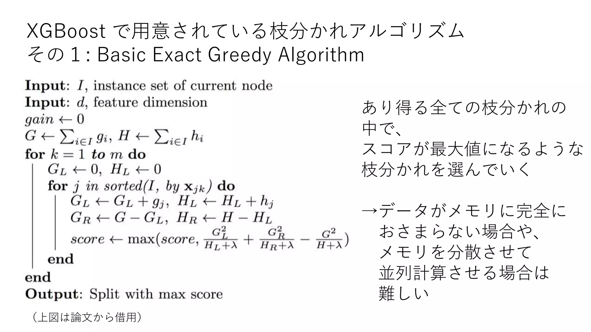 XGBoost で用意されている枝分かれアルゴリズム
その１: Basic Exact Greedy Algorithm
あり得る全ての枝分かれの
中で、
スコアが最大値になるような
枝分かれを選んでいく
→データがメモリに完全に
おさまらない場合や、
メモリを分散させて
並列計算させる場合は
難しい
（上図は論文から借用）
 