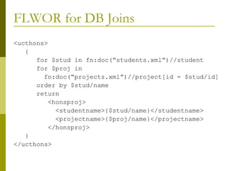 FLWOR for DB Joins <ucthons> { for $stud in fn:doc(“students.xml”)//student for $proj in  fn:doc(“projects.xml”)//project[id = $stud/id] order by $stud/name return <honsproj> <studentname>{$stud/name}</studentname> <projectname>{$proj/name}</projectname> </honsproj> } </ucthons> 