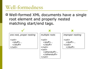 Well-formedness Well-formed XML documents have a single root element and properly nested matching start/end tags. one root, proper nesting <uct>   <stuff>…   </stuff> </uct> multiple roots <uct>   <stuff>…   </stuff> </uct> <uct>   <otherstuff>…   </otherstuff> </uct> improper nesting <uct>   <stuff>… </uct>   </stuff>    