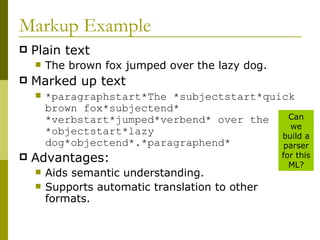 Markup Example Plain text The brown fox jumped over the lazy dog. Marked up text *paragraphstart*The *subjectstart*quick brown fox*subjectend* *verbstart*jumped*verbend* over the *objectstart*lazy dog*objectend*.*paragraphend* Advantages: Aids semantic understanding. Supports automatic translation to other formats. Can we build a parser for this ML? 