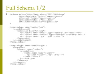 Full Schema 1/2 <schema xmlns=“http://www.w3.org/2001/XMLSchema”   targetNamespace=“http://www.uct.ac.za”   xmlns:uct=“http://www.uct.ac.za”   elementFormDefault=“qualified”   attributeFormDefault=“unqualified” >  <complexType name=“authorType”>   <simpleContent>   <extension base=“string”>   <attribute name=“email” type=“string” use=“required”/>   <attribute name=“office” type=“integer” use=“required”/>   <attribute name=“type” type=“string”/>   </extension>   </simpleContent> </complexType> <complexType name=“versionType”>   <sequence>   <element name=“number”>   <simpleType>   <restriction base=“string”>   <pattern value=“[1-9]\.[0-9]+”/>   </restriction>   </simpleType>   </element>   </sequence> </complexType> 