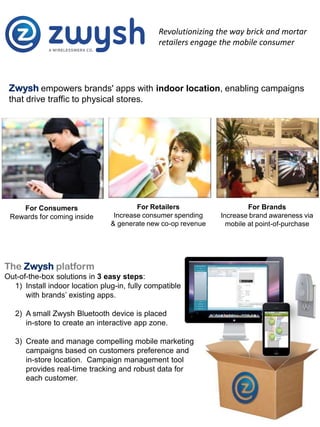 Revolutionizing the way brick and mortar retailers engage the mobile consumer Zwyshempowers brands' apps with indoor location, enabling campaigns that drive traffic to physical stores.   For Brands Increase brand awareness via mobile at point-of-purchase For Retailers  Increase consumer spending    & generate new co-op revenue For Consumers Rewards for coming inside TheZwysh platform Out-of-the-box solutions in 3 easy steps:  Install indoor location plug-in, fully compatible with brands’ existing apps. A small Zwysh Bluetooth device is placed          in-store to create an interactive app zone. Create and manage compelling mobile marketing campaigns based on customers preference and     in-store location.  Campaign management tool provides real-time tracking and robust data for   each customer.  