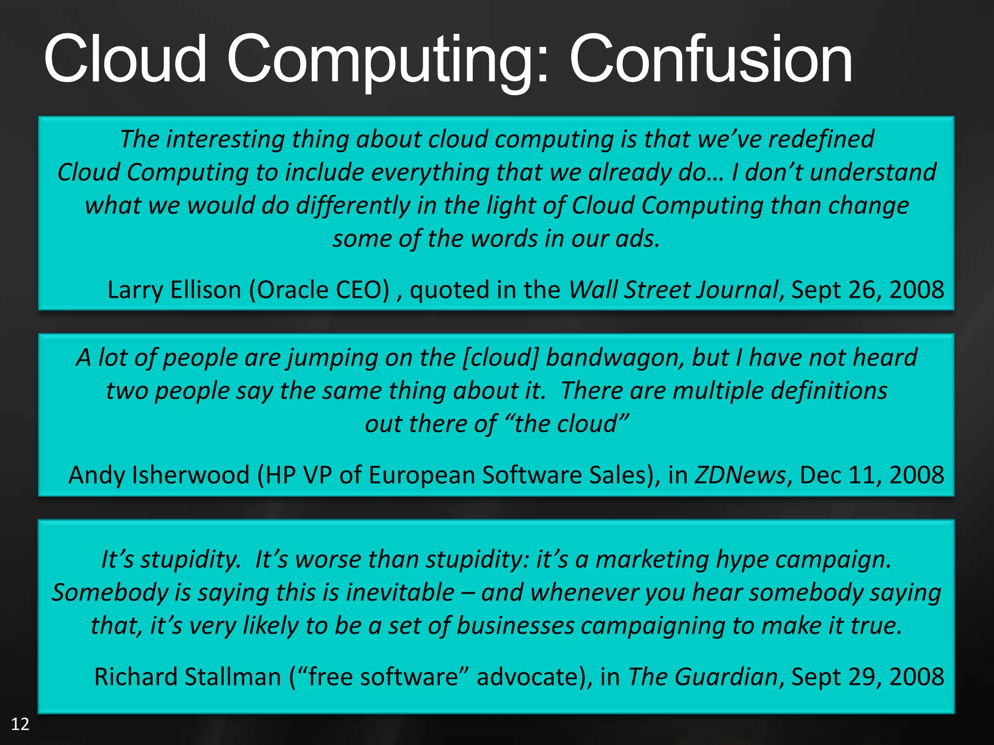 The Dream of Cloud ComputingIntegrated CircuitFoundriesUtility ComputingSemiconductor Fabs ExpensiveTypically > $1 BillionToo Much for Most DesignersFabs Take Outside WorkFabs Amortize Cost Other Designers Make ChipsAllowed Explosion of DesignsMore Players Afford Rented FabNew Datacenters Very ExpensiveOnly a Few Companies Can Afford Huge DatacentersUtility Computing  Datacenter Owners Amortize CostsUtility Computing Users Get Advantages of ElasticityDatacenter Resources Shared Across Many Users