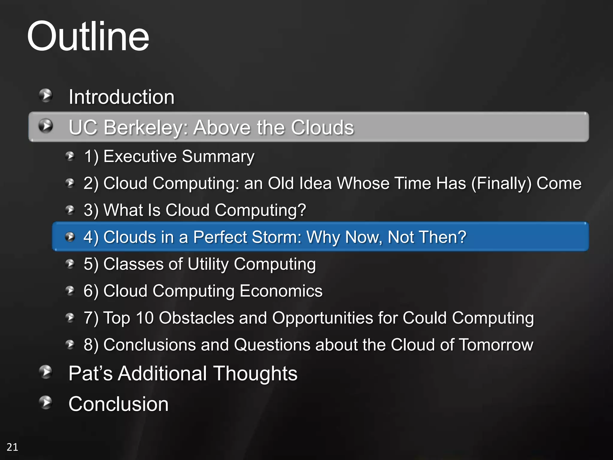 The New Perspective of Hardware Resources3 New Aspects to Cloud ComputingAll 3 Aspect Are Required to SucceedThe Illusion of Infinite Computing Resources Available on DemandFailed Example: Intel Computing ServicesRequired Negotiating a Contract and Longer Term Use than Per-HourThe Elimination of an Upfront Commitment by Cloud UsersSuccessful Example: Amazon Web Services1.0-GHz X86 “Slices” for 10 Cents/HourPay for Use of Computing Resources on a Short-Term Basis as NeededCan Add New “Slice” in 2 to 5 MinutesThe Cloud Providers Big Bet:Multiple Instances (“Slices”) Can Be Statistically Multiplexed onto a Single BoxEach Rented Instance Will Not Interfere with Other User’s Usage
