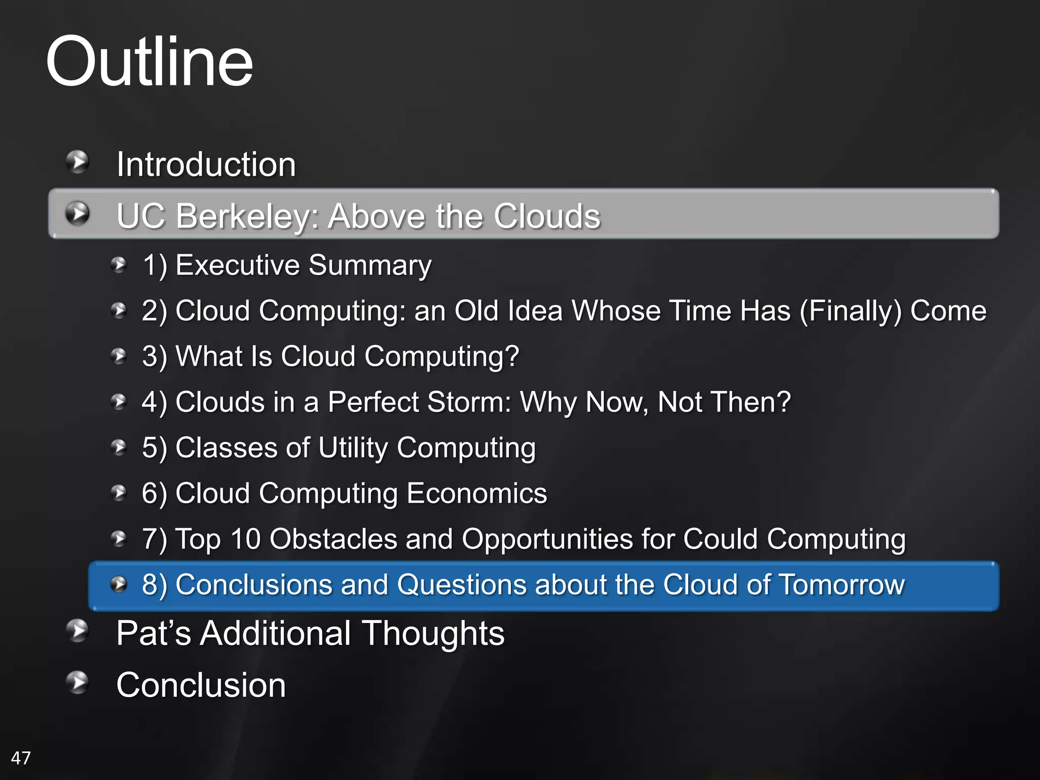 Organizations Worry: Will Cloud Computing Be Highly Available?Existing Web & SaaS Offerings (e.g. MSN, Google, Amazon) Set a High BarExpectations Often Exceed what Enterprise-IT Can OfferOutages in Cloud Infrastructure Get Lots of PressEnterprises Are Reluctant to Put Applications in the Cloud without Business Continuity PlansAnother Obstacle Is DDOS (Distributed Denial of Service) Attack:Criminals Threaten to Cut Off SaaS Providers by Swamping ThemAttacks Typically Use “BotNets” – Rent Simulated Users for 3 cents/weekCloud Computing Allows a Defense through Quick Scale-Up#1 Obstacle: Availability of a Service