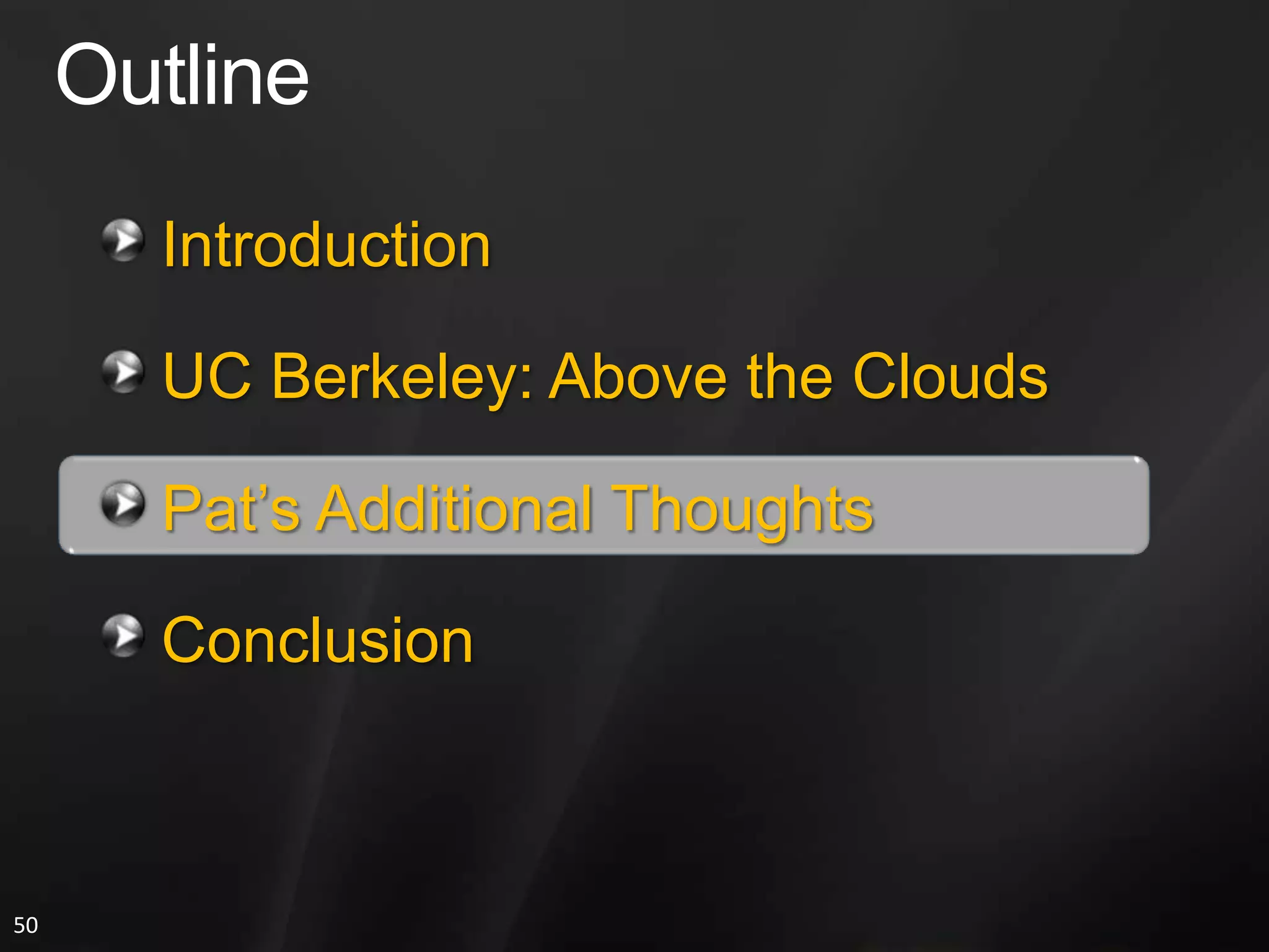 #4 Obstacle: Data Transfer BottlenecksProblem: At $100 to $150 per Terabyte Transferred, Data Placement and Movement Is an IssueOpportunity-1: Sneaker-NetJim Gray Found Cheapest Transfer Was FedEx-ing Disks1 Data Failure in 400 AttemptsOpportunity-2: Keep Data in CloudIf the Data Is in the Cloud, Transfer Doesn’t CostAmazon Hosting Large DataE.g. US CensusFree on S3; Free on EC2Entice EC2 BusinessOpportunity-3: Cheaper WANHigh-End Routers Are a Big Part of the Cost of Data TransferResearch into Routing using Cheap Commodity ComputersExample: Ship 10TB from UC Berkeley to Amazon-- WAN:   S3 < 20Mbits/sec:                 10TB  4Mil Seconds  > 45 Days                 $1000 in AMZN Net Fees-- FedEx:  Ten 1TB Disks via Overnight Shipping                 < 1 Day to Write 10TB to Disks Locally                 Cost ≈ $400                  Effective BW of 1500Mbits/Sec       “NetFlix for Cloud Computing”