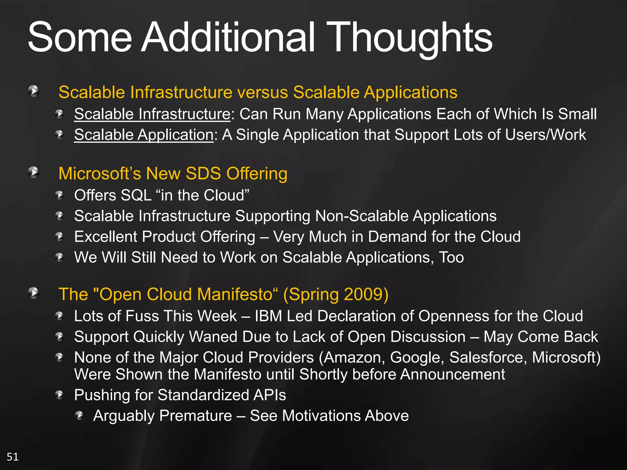 #5 Obstacle: Performance UnpredictabilityWhen Does Sharing Cause Problems with Performance?Sharing CPU and Main Memory Seems to Work WellSharing I/O Seems to Cause Problems SometimesOpportunities:Improve Architectures and OSes to Efficiently Virtualize Interrupts and I/O-ChannelsHope  IBM Mainframes in the 1980s Did ThisFlash Memory May Decrease I/O InterferenceScheduling Parallel Batch OperationsVirtualizing High Performance Computing Is a Problem:Parallel Execution Is Slow when the Communicating Processes Are Virtual (and Not Always Running)Opportunity:Something Like “Gang Scheduling” for Cloud Computing