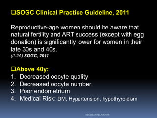 SOGC Clinical Practice Guideline, 2011
Reproductive-age women should be aware that
natural fertility and ART success (except with egg
donation) is significantly lower for women in their
late 30s and 40s.
(II-2A) SOGC, 2011
Above 40y:
1. Decreased oocyte quality
2. Decreased oocyte number
3. Poor endometrium
4. Medical Risk: DM, Hypertension, hypothyroidism
ABOUBAKR ELNASHAR
 