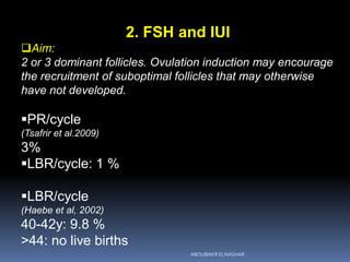 2. FSH and IUI
Aim:
2 or 3 dominant follicles. Ovulation induction may encourage
the recruitment of suboptimal follicles that may otherwise
have not developed.
PR/cycle
(Tsafrir et al.2009)
3%
LBR/cycle: 1 %
LBR/cycle
(Haebe et al, 2002)
40-42y: 9.8 %
>44: no live births
ABOUBAKR ELNASHAR
 