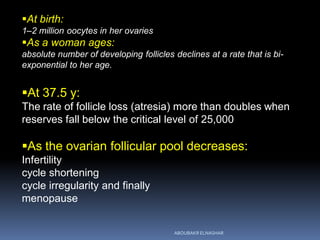 At birth:
1–2 million oocytes in her ovaries
As a woman ages:
absolute number of developing follicles declines at a rate that is bi-
exponential to her age.
At 37.5 y:
The rate of follicle loss (atresia) more than doubles when
reserves fall below the critical level of 25,000
As the ovarian follicular pool decreases:
Infertility
cycle shortening
cycle irregularity and finally
menopause
ABOUBAKR ELNASHAR
 