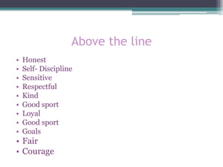 Above the line
• Honest
• Self- Discipline
• Sensitive
• Respectful
• Kind
• Good sport
• Loyal
• Good sport
• Goals
• Fai...
