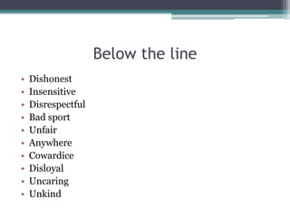 Below the line
• Dishonest
• Insensitive
• Disrespectful
• Bad sport
• Unfair
• Anywhere
• Cowardice
• Disloyal
• Uncaring...